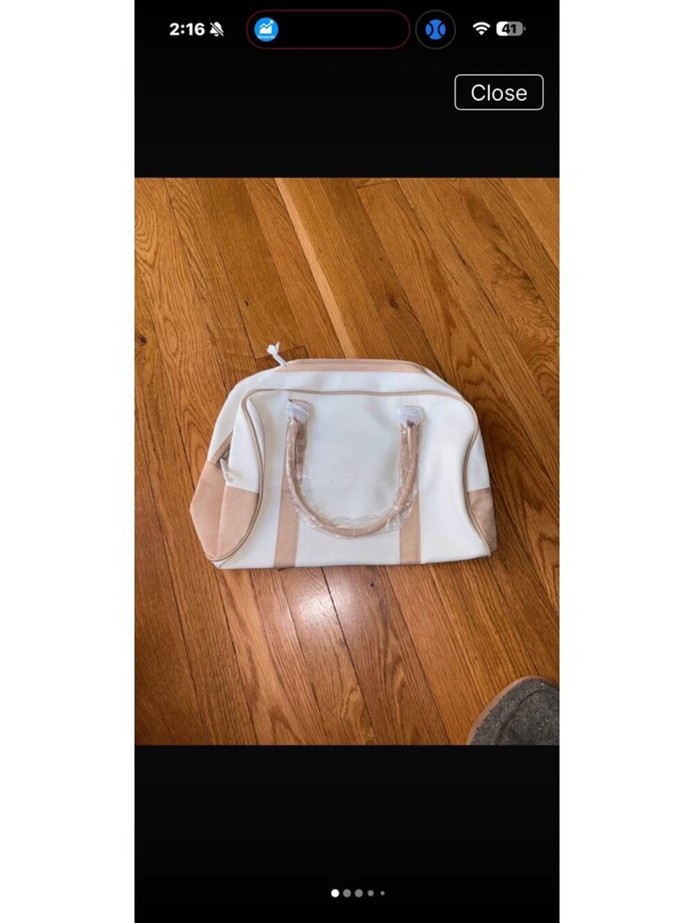 Estee Laudar Vintage Cream & Tan Duffel Travel Bag Faux Leather & Suede Trim